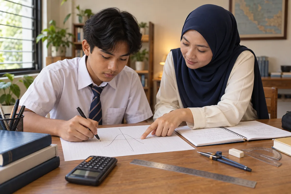 Pelajar mempelajari kalkulus Matematik Tambahan SPM bersama guru