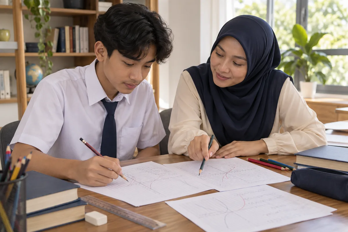 Pelajar dan guru menyemak jalan kerja kalkulus bersama-sama