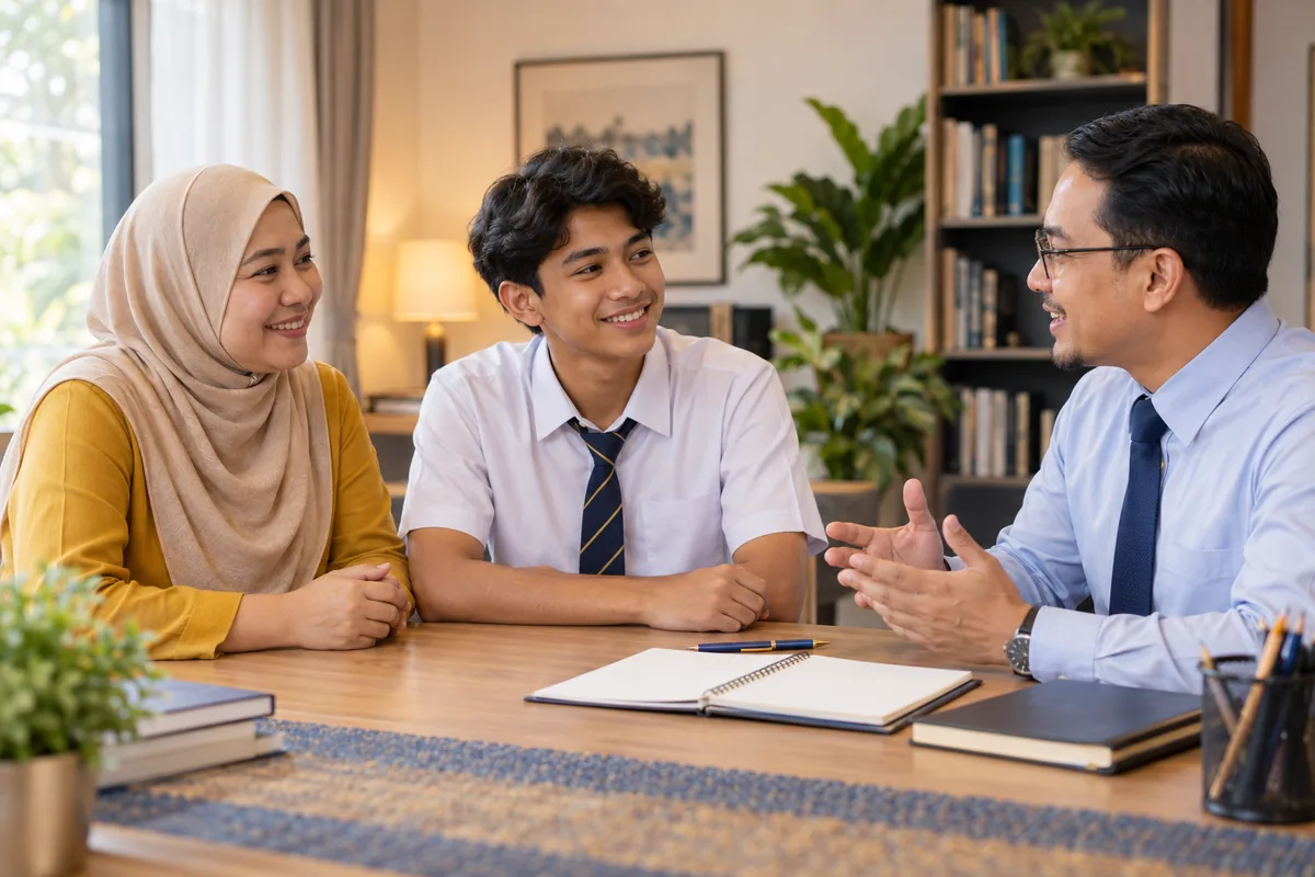 Keluarga berbincang tentang langkah seterusnya untuk tuisyen Matematik Tambahan