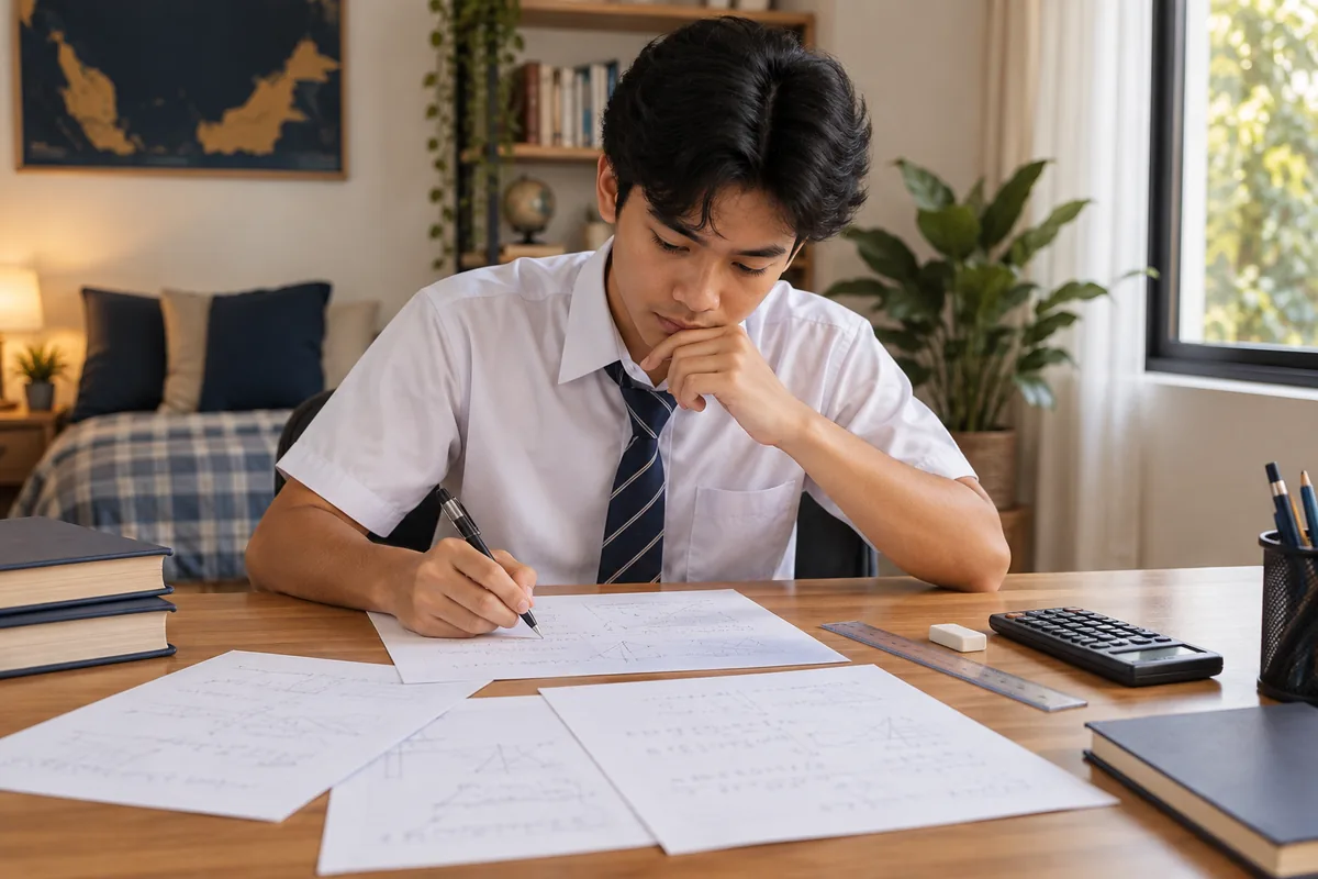 Pelajar berlatih soalan Matematik Tambahan SPM berbilang langkah