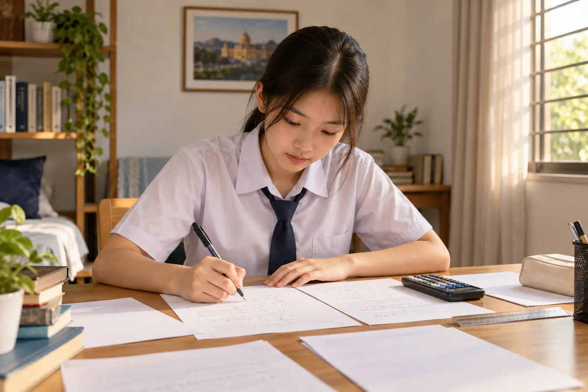 Student practising multi-step SPM Additional Mathematics problems