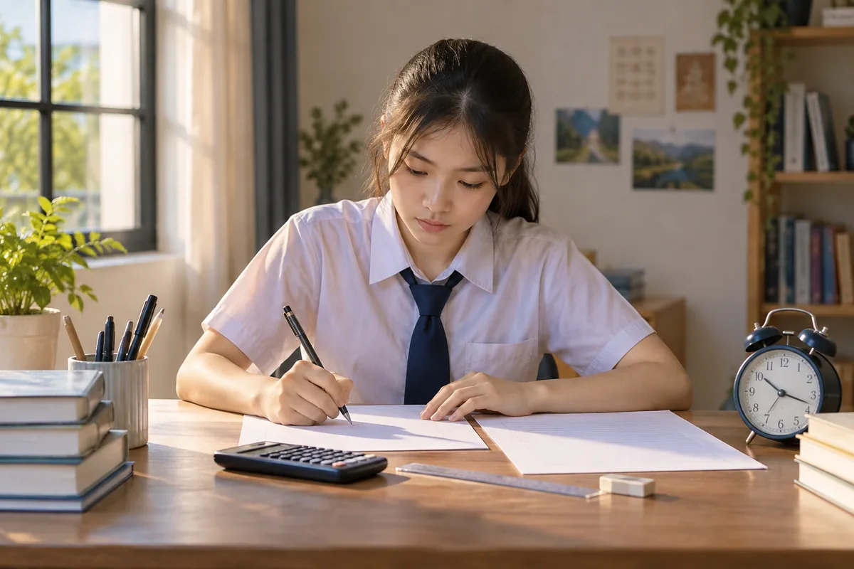 Student completing timed SPM Additional Mathematics practice