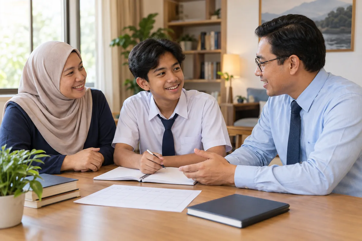 Keluarga berbincang tentang pelan tuisyen Matematik Tambahan