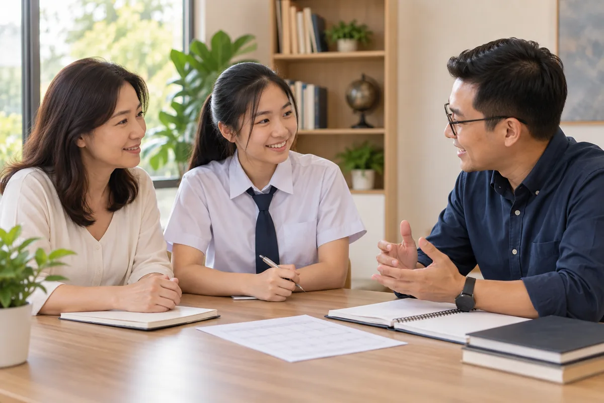 Family discussing an Additional Mathematics tuition plan