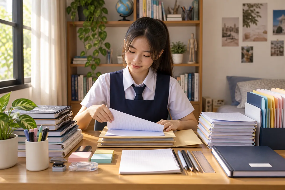 Student organising SPM Additional Mathematics syllabus materials